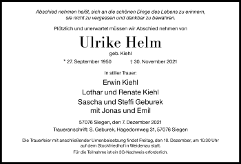 Traueranzeige von Ulrike Helm von Siegener Zeitung