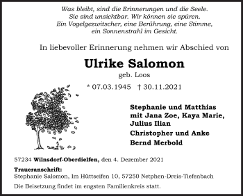 Traueranzeige von Ulrike Salomon von Siegener Zeitung