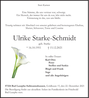 Traueranzeige von Ulrike Starke-Schmidt von Siegener Zeitung
