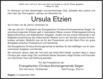 Traueranzeige von Ursula Etzien von Siegener Zeitung