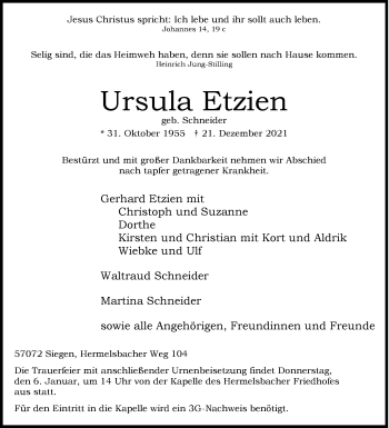Traueranzeige von Ursula Etzien von Siegener Zeitung