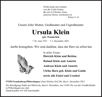 Traueranzeige von Ursula Klein von Siegener Zeitung
