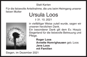 Traueranzeige von Ursula Loos von Siegener Zeitung