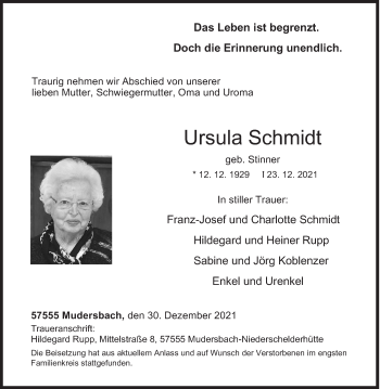 Traueranzeige von Ursula Schmidt von Siegener Zeitung