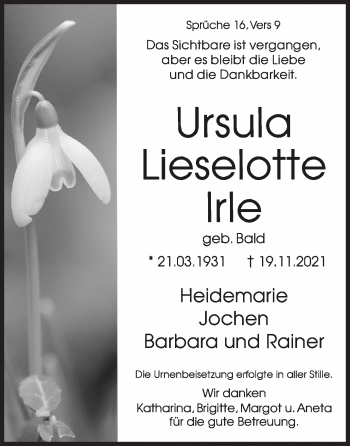 Traueranzeige von Ursula Lieselotte lrle von Siegener Zeitung