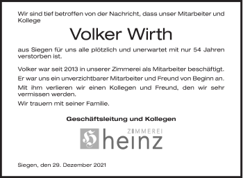 Traueranzeige von Volker Wirth von Siegener Zeitung