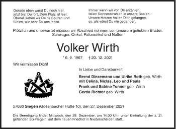 Traueranzeige von Volker Wirth von Siegener Zeitung