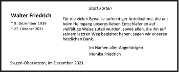 Traueranzeige von Walter Friedrich von Siegener Zeitung