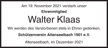 Traueranzeige von Walter Klaas von Siegener Zeitung