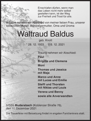 Traueranzeige von Waltraud Baldus von Siegener Zeitung