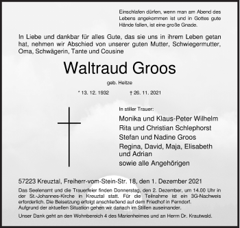 Traueranzeige von Waltraud Groos von Siegener Zeitung