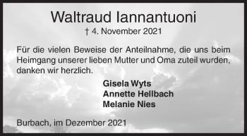 Traueranzeige von Waltraud Iannantuoni von Siegener Zeitung