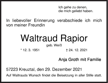 Traueranzeige von Waltraud Rapior von Siegener Zeitung