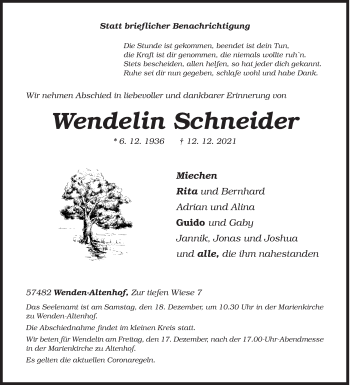Traueranzeige von Wendelin Schneider von Siegener Zeitung