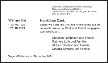 Traueranzeige von Werner Irle von Siegener Zeitung
