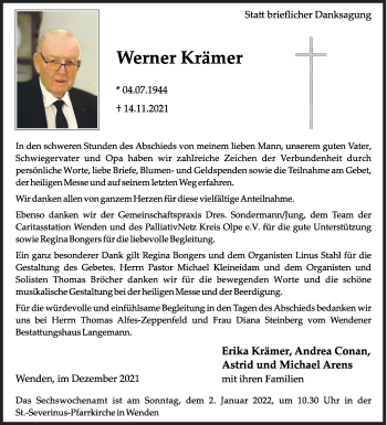 Traueranzeige von Werner Krämer von Siegener Zeitung