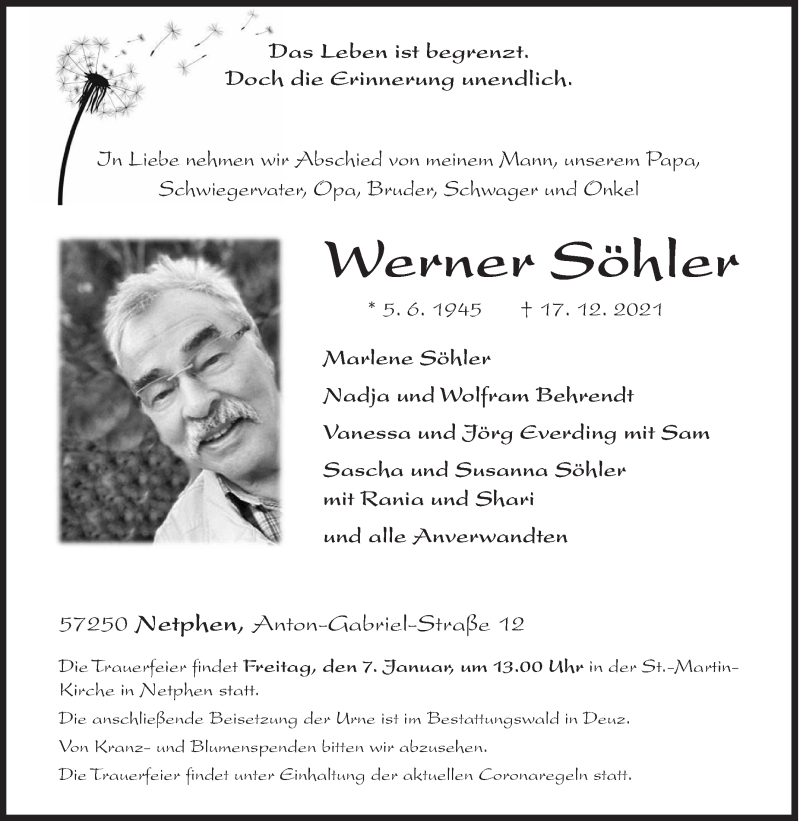  Traueranzeige für Werner Söhler vom 24.12.2021 aus Siegener Zeitung