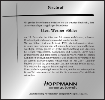 Traueranzeige von Werner Söhler von Siegener Zeitung