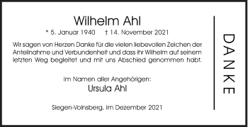 Traueranzeige von Wilhelm Ahl von Siegener Zeitung