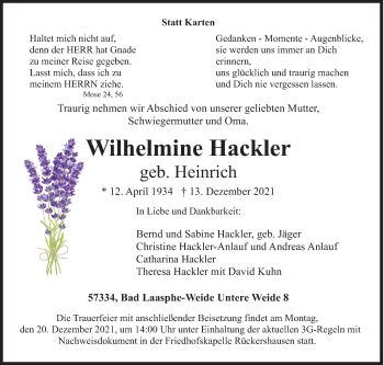 Traueranzeige von Wilhelmine Hackler von Siegener Zeitung