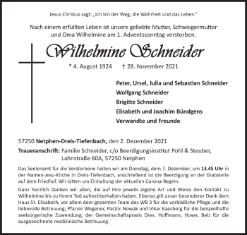 Traueranzeige von Wilhelmine Schneider von Siegener Zeitung