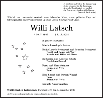 Traueranzeige von Willi Latsch von Siegener Zeitung