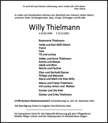 Traueranzeige von Willy Thielmann von Siegener Zeitung