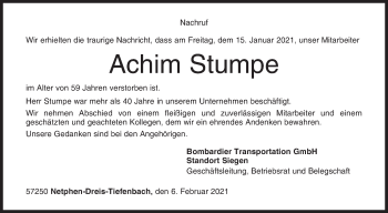 Traueranzeige von Achim Stumpe von Siegener Zeitung