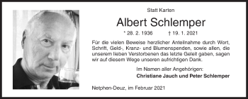 Traueranzeige von Albert Schlemper von Siegener Zeitung