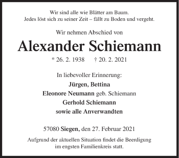 Traueranzeige von Alexander Schiemann von Siegener Zeitung
