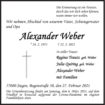 Traueranzeige von Alexander Weber von Siegener Zeitung