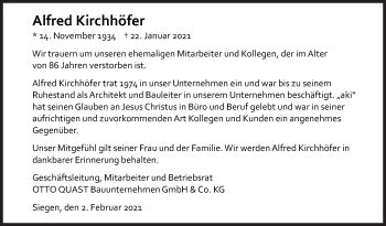 Traueranzeige von Alfred Kirchhöfer von Siegener Zeitung