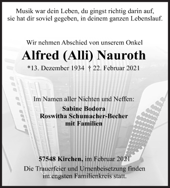 Traueranzeige von Alfred Nauroth von Siegener Zeitung