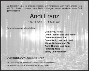 Traueranzeige von Andi Franz von Siegener Zeitung