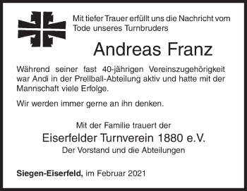 Traueranzeige von Andreas Franz von Siegener Zeitung
