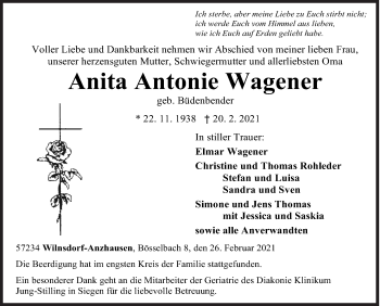Traueranzeige von Anita Antonie Wagener von Siegener Zeitung