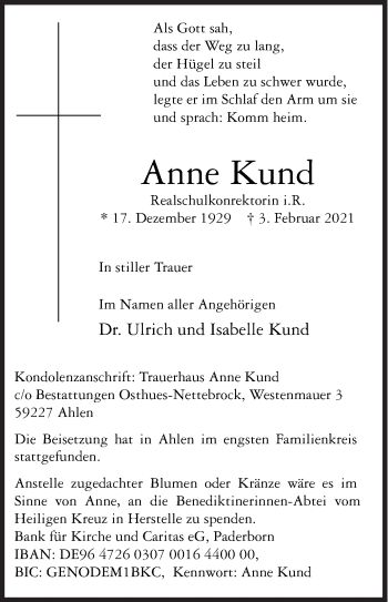 Traueranzeige von Anne Kund von Siegener Zeitung