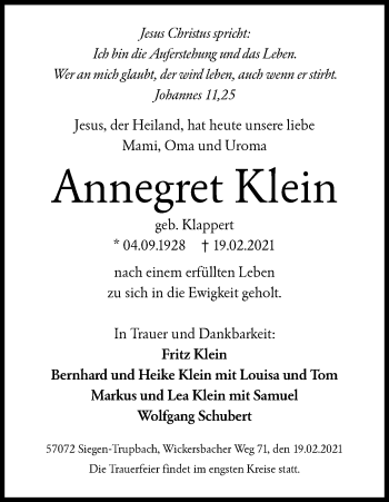 Traueranzeige von Annegret Klein von Siegener Zeitung