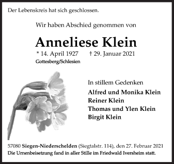 Traueranzeige von Anneliese Klein von Siegener Zeitung