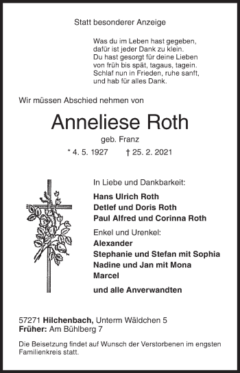 Traueranzeige von Anneliese Roth von Siegener Zeitung