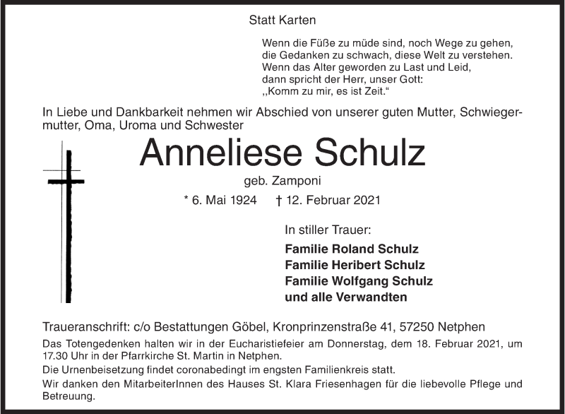  Traueranzeige für Anneliese Schulz vom 17.02.2021 aus Siegener Zeitung