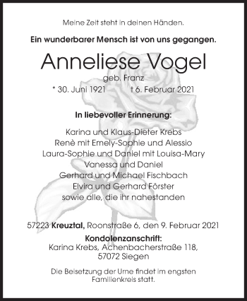 Traueranzeige von Anneliese Vogel von Siegener Zeitung