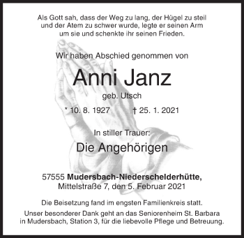 Traueranzeige von Anni Janz von Siegener Zeitung