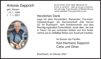 Traueranzeige von Antonia Dapprich von Siegener Zeitung