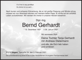 Traueranzeige von Bernd Gerhardt von Siegener Zeitung