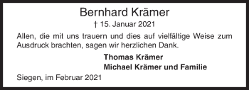 Traueranzeige von Bernhard Krämer von Siegener Zeitung