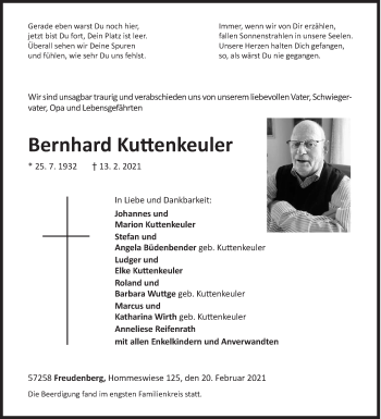 Traueranzeige von Bernhard Kuttenkeuler von Siegener Zeitung