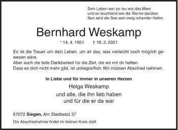 Traueranzeige von Bernhard Weskamp von Siegener Zeitung