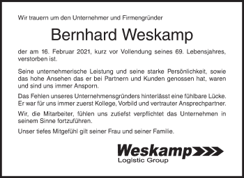 Traueranzeige von Bernhard Weskamp von Siegener Zeitung
