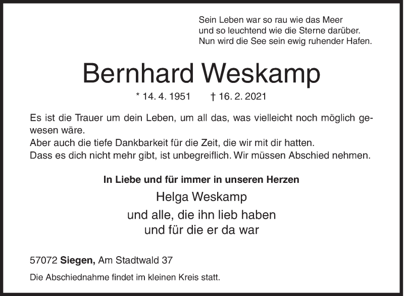  Traueranzeige für Bernhard Weskamp vom 20.02.2021 aus Siegener Zeitung